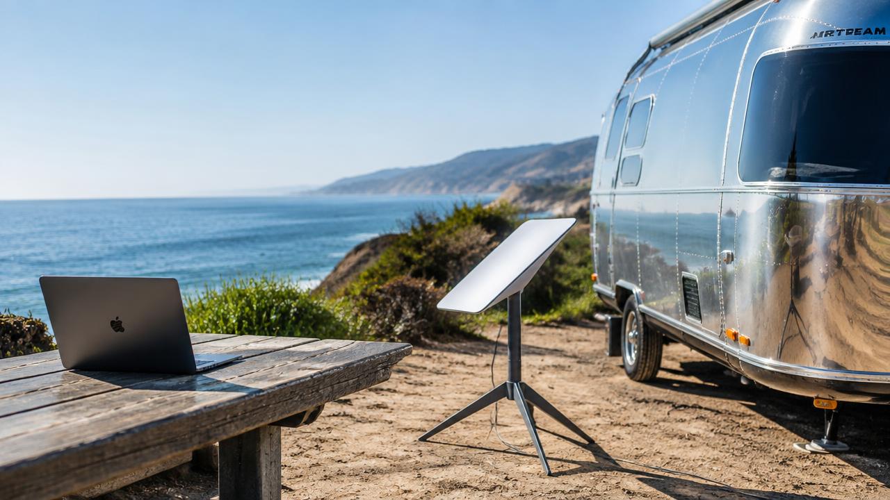 Starlink dish on a tripod beside a polished Airstream at a coastal campsite