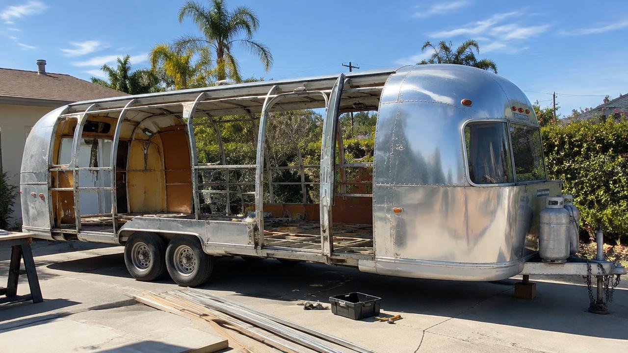 Vintage Airstream trailer mid-restoration with its interior removed in a sunny driveway