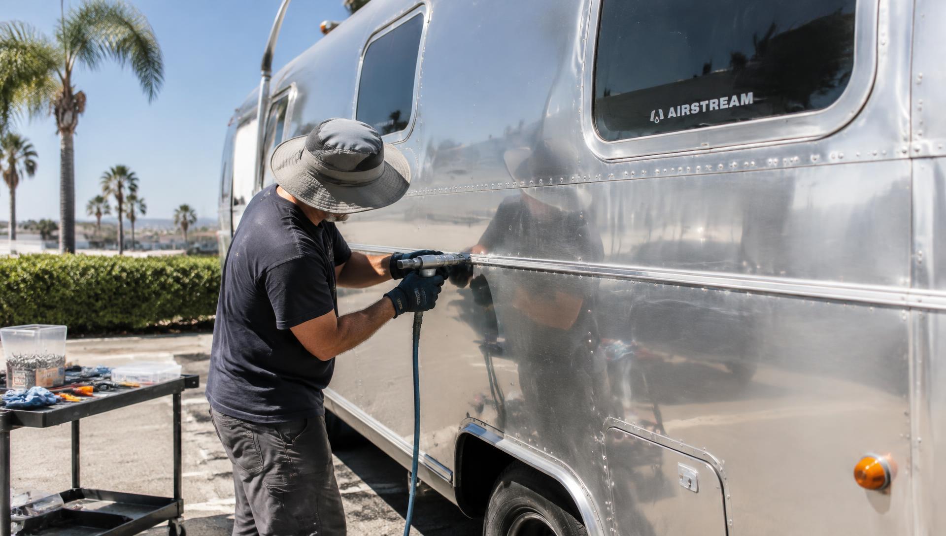 Technician riveting an Airstream aluminum panel